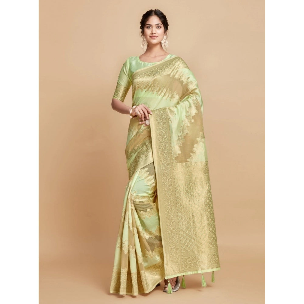 Clasymist Women's Linen Printed Saree With Unstitched Blouse (Pista, 5-6 Mtrs)