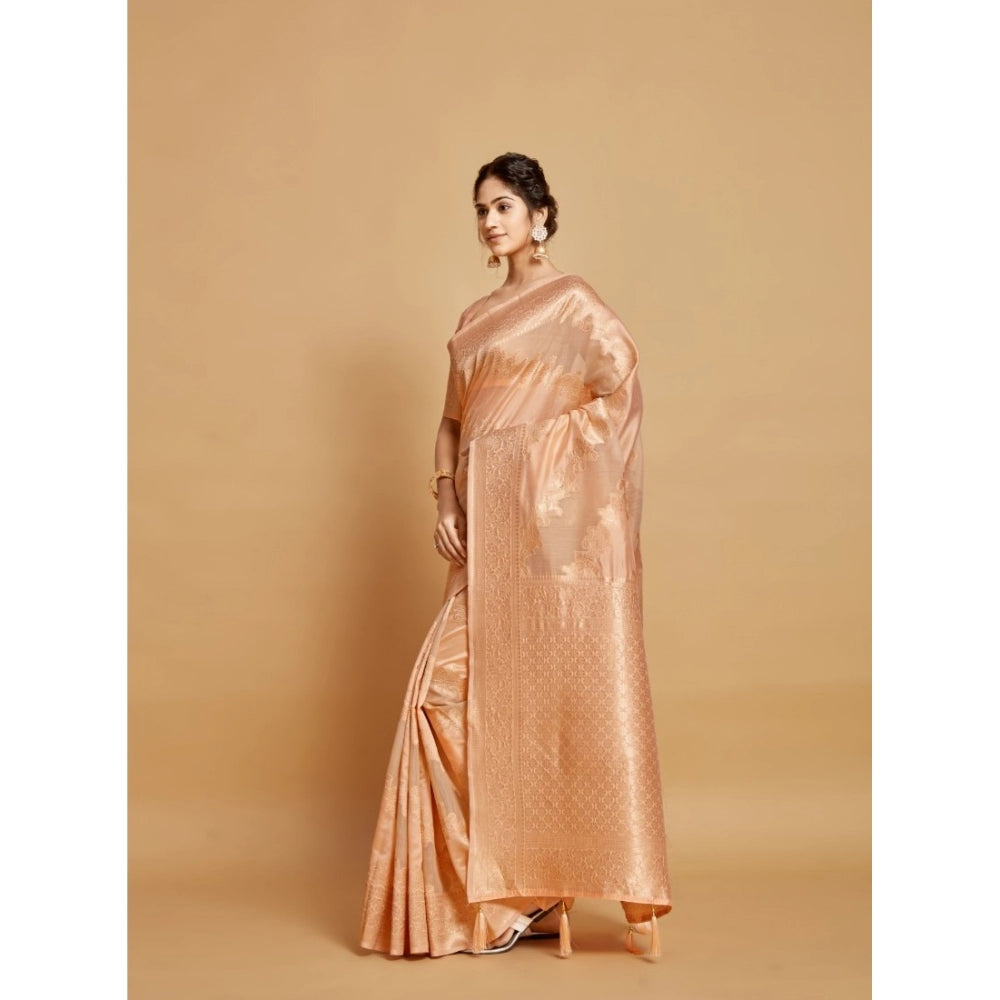 Clasymist Women's Linen Printed Saree With Unstitched Blouse (Peach, 5-6 Mtrs)