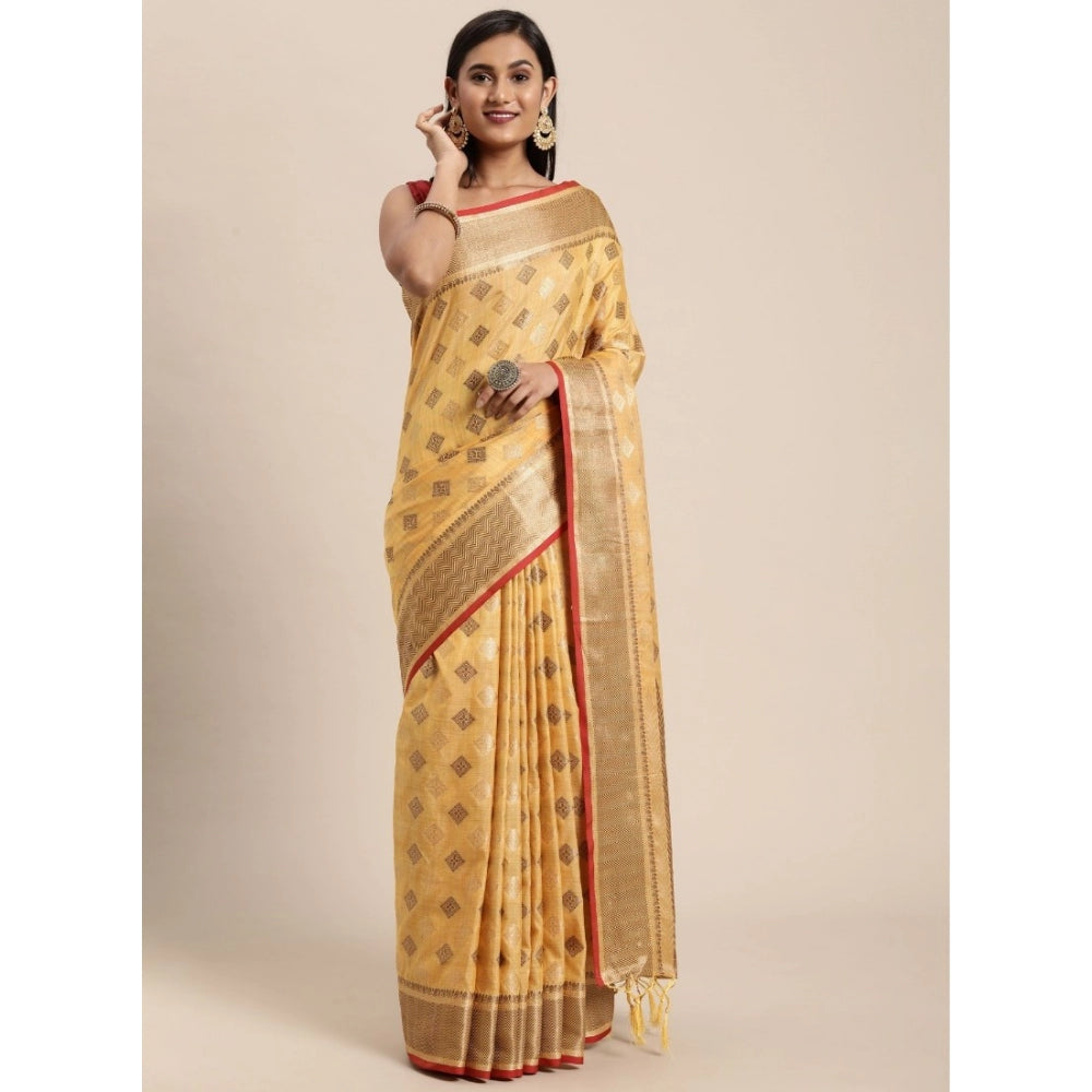 Clasymist Women's Chanderi Cotton Printed Saree With Unstitched Blouse (Yellow, 5-6 Mtrs)