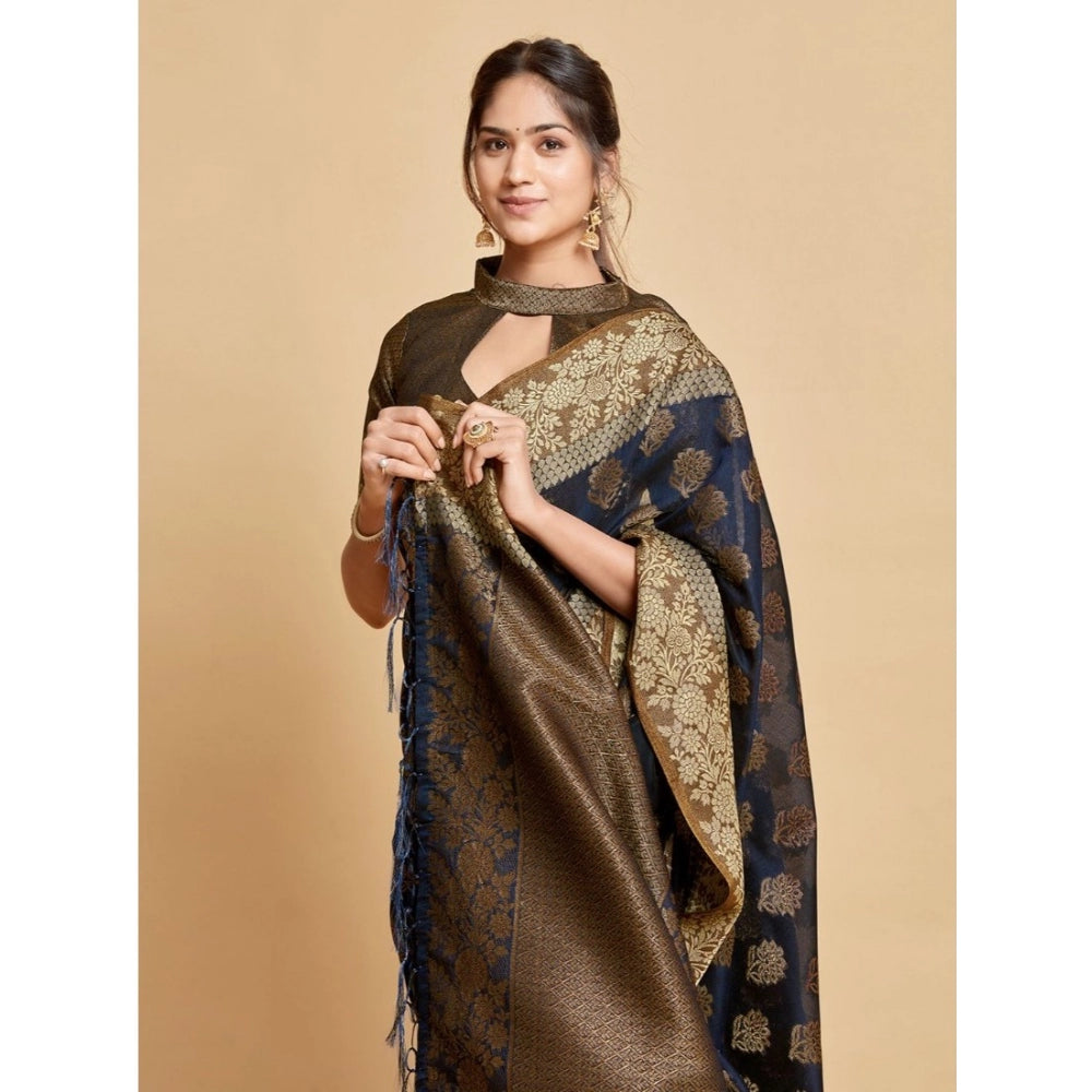 Clasymist Women's Chanderi Cotton Printed Saree With Unstitched Blouse (Navy, 5-6 Mtrs)