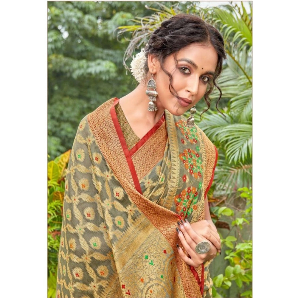 Clasymist Women's Organza Printed Saree With Unstitched Blouse (Grey, 5-6 Mtrs)