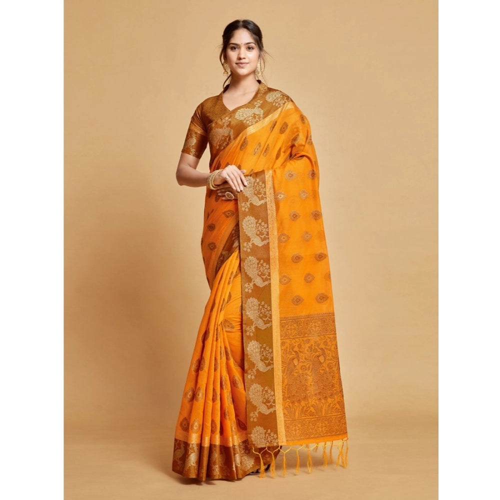 Clasymist Women's Organza Printed Saree With Unstitched Blouse (Mustard, 5-6 Mtrs)