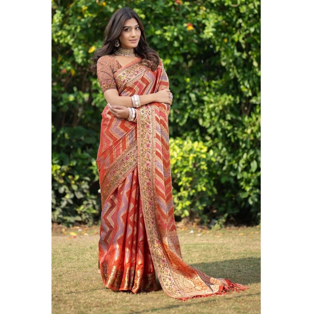 Clasymist Women's Organza Printed Saree With Unstitched Blouse (Orange, 5-6 Mtrs)