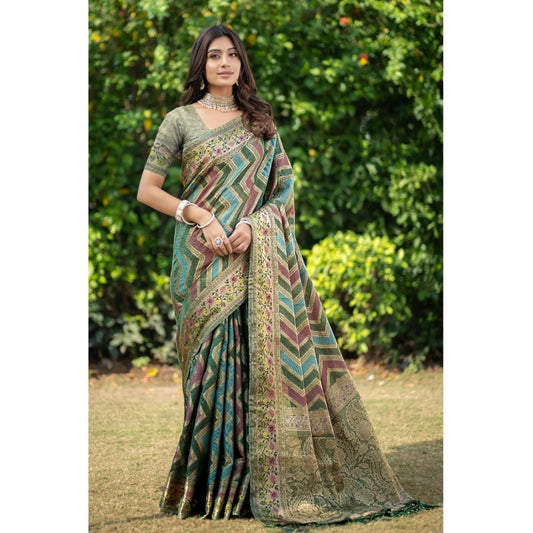 Clasymist Women's Organza Printed Saree With Unstitched Blouse (Green, 5-6 Mtrs)