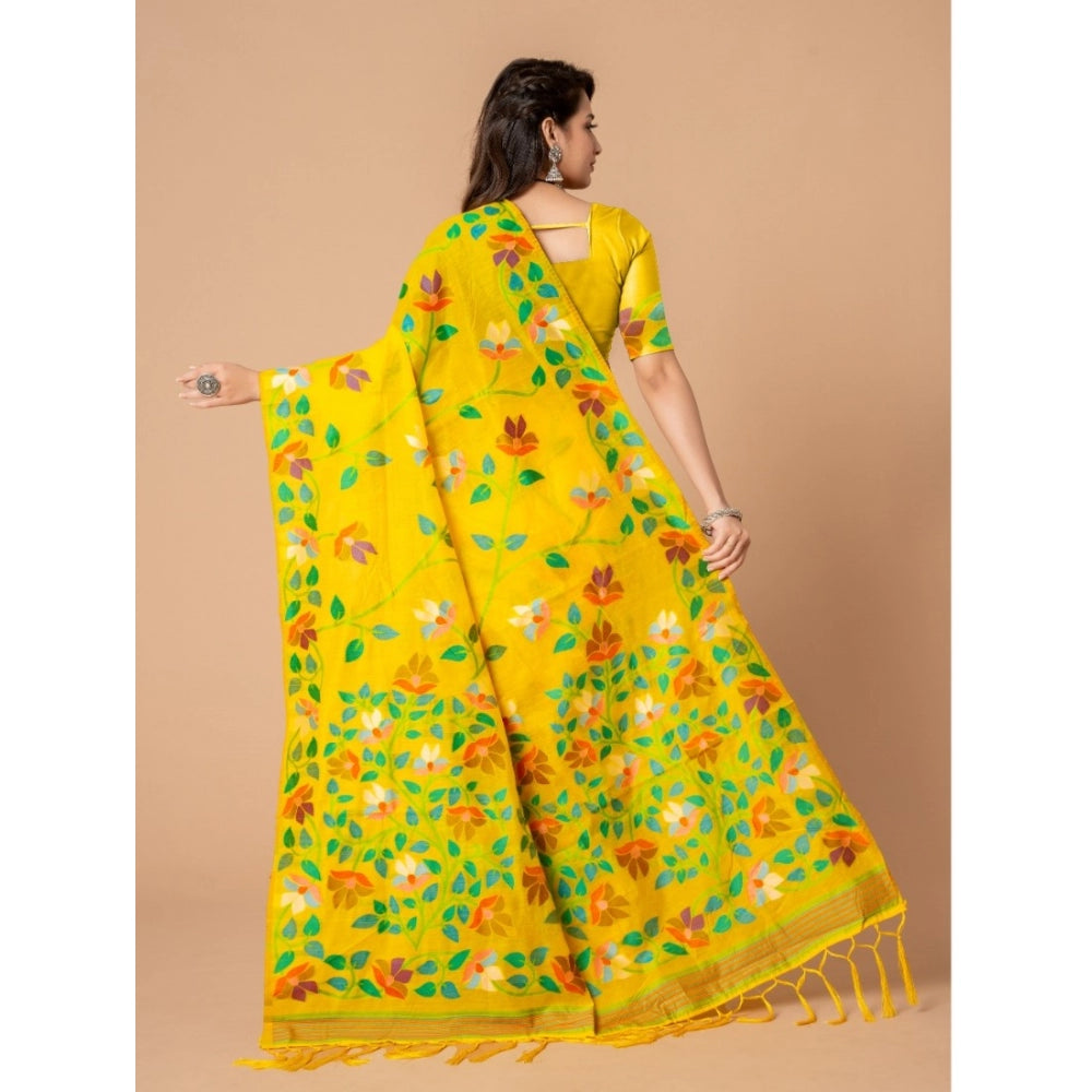 Clasymist Women's Cotton Printed Saree With Unstitched Blouse (Yellow, 5-6 Mtrs)