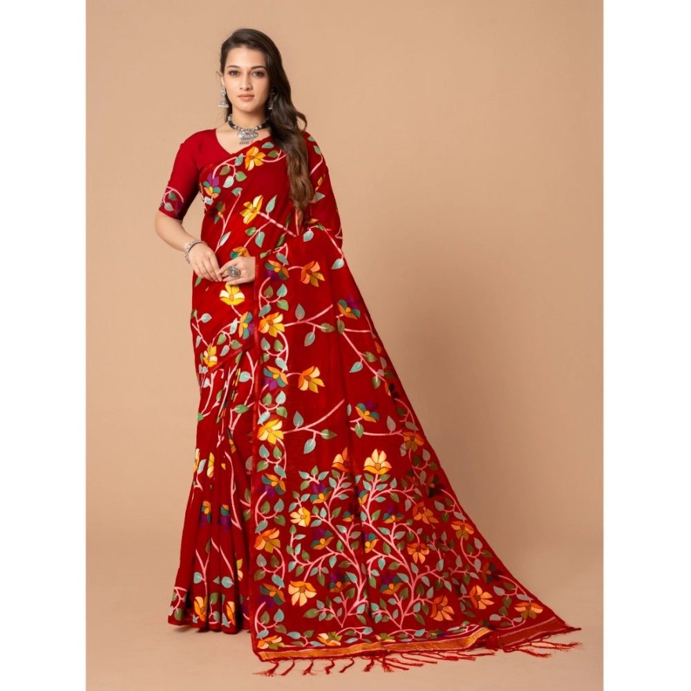 Clasymist Women's Cotton Printed Saree With Unstitched Blouse (Red, 5-6 Mtrs)