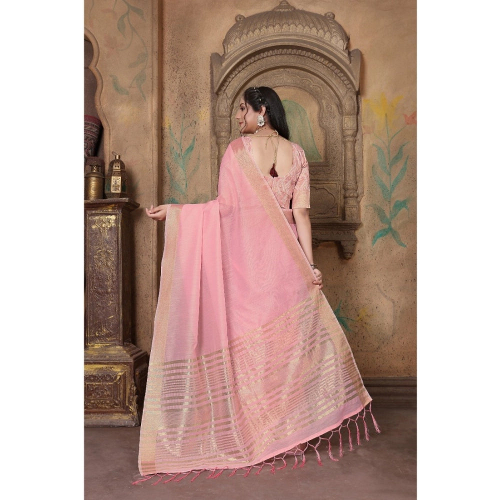 Clasymist Women's Soft Linen Striped Saree With Unstitched Blouse (PInk, 5-6 Mtrs)