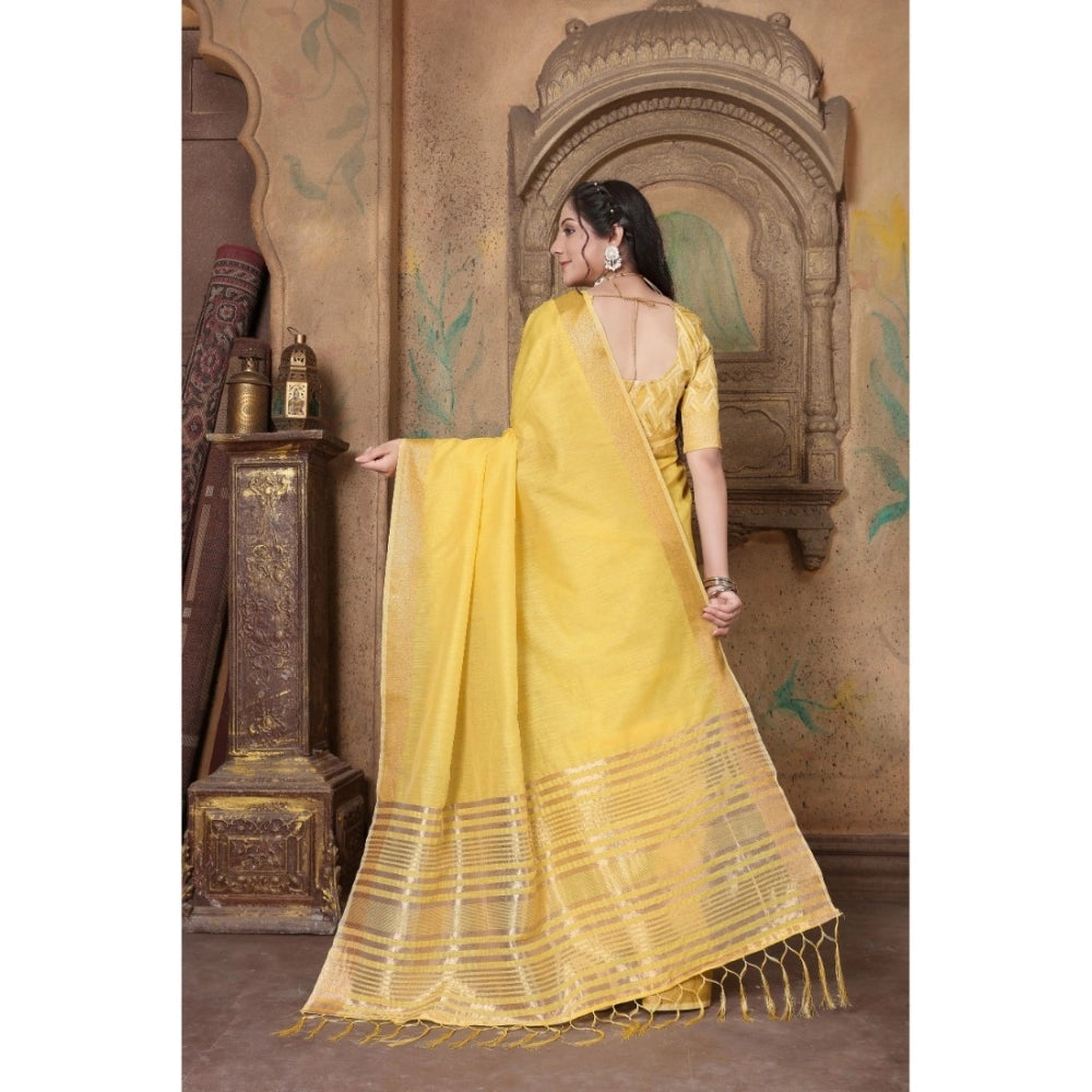 Clasymist Women's Soft Linen Striped Saree With Unstitched Blouse (Yellow, 5-6 Mtrs)