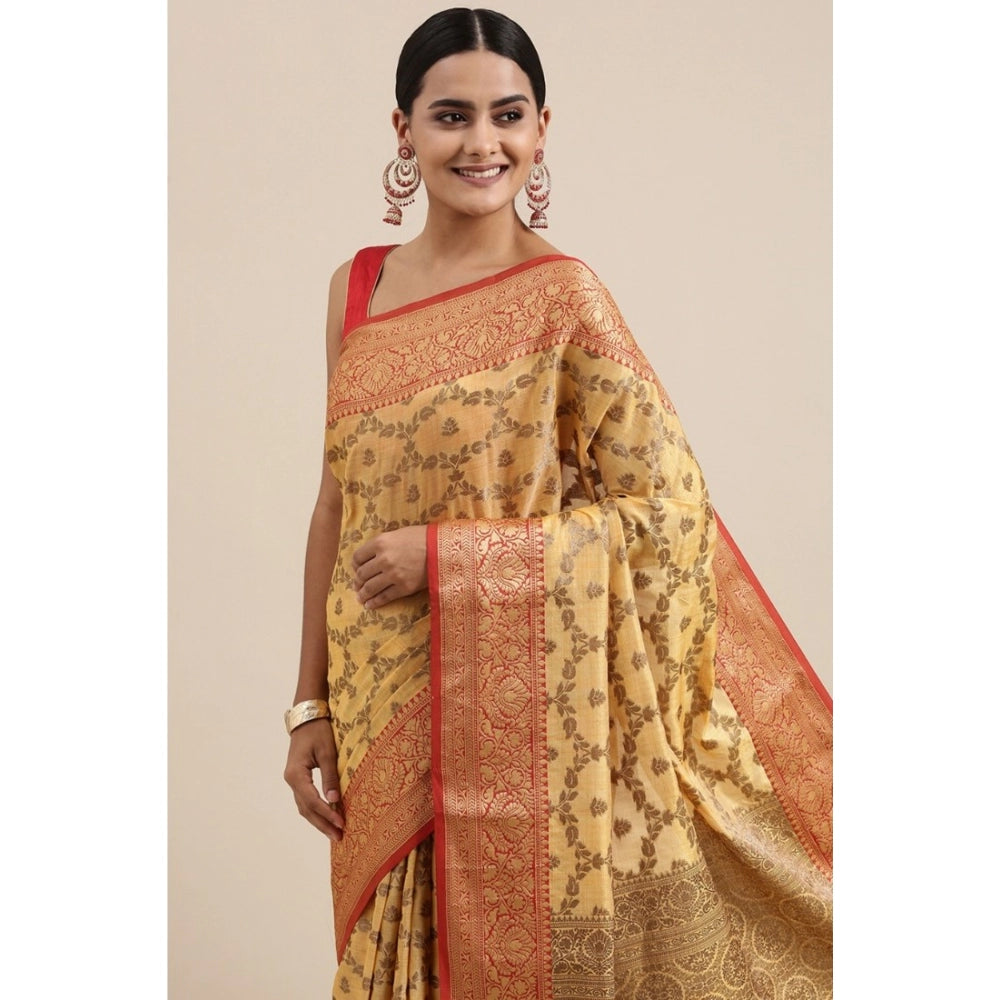 Clasymist Women's Chanderi Cotton Printed Saree With Unstitched Blouse (Yellow, 5-6 Mtrs)