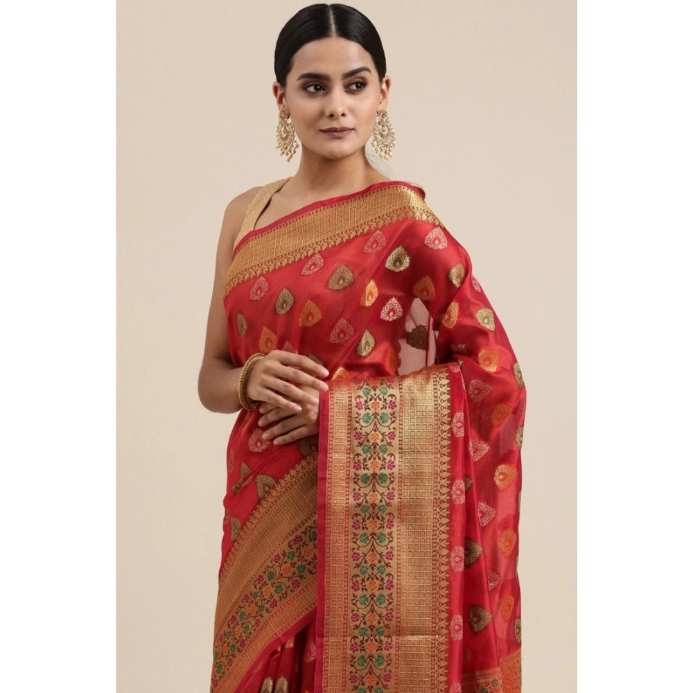 Clasymist Women's Organza Printed Saree With Unstitched Blouse (Red, 5-6 Mtrs)