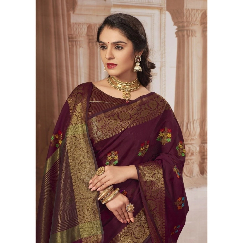 Clasymist Women's Chanderi Cotton Printed Saree With Unstitched Blouse (Maroon, 5-6 Mtrs)