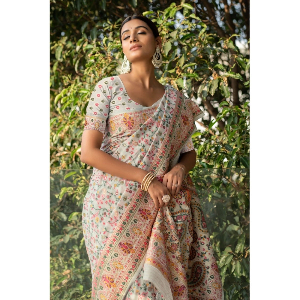 Clasymist Women's Linen Printed Saree With Unstitched Blouse (Off-White, 5-6 Mtrs)