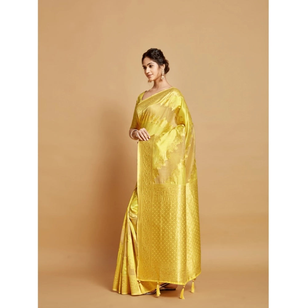 Clasymist Women's Linen Printed Saree With Unstitched Blouse (Yellow, 5-6 Mtrs)