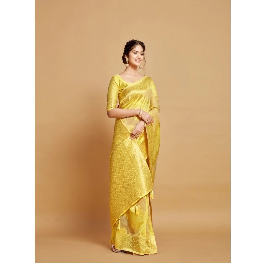 Clasymist Women's Linen Printed Saree With Unstitched Blouse (Yellow, 5-6 Mtrs)