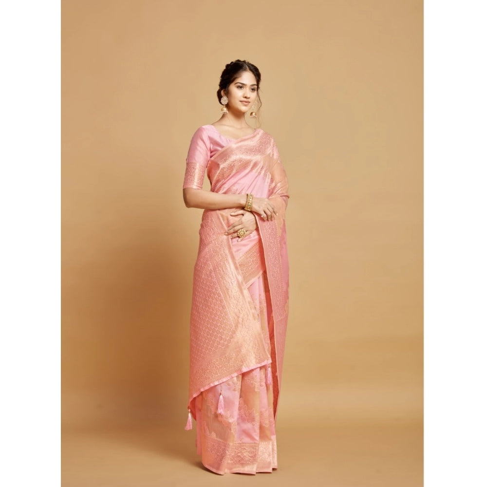 Clasymist Women's Linen Printed Saree With Unstitched Blouse (Pink, 5-6 Mtrs)