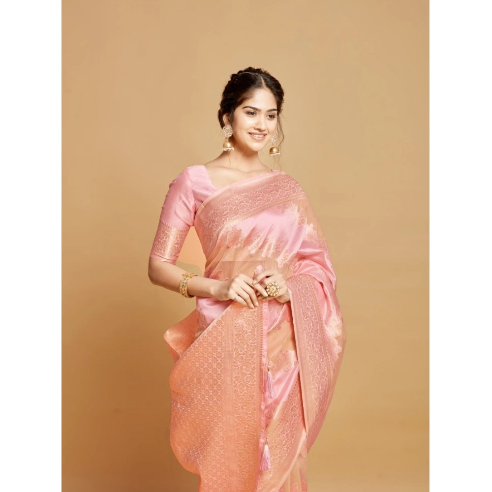 Clasymist Women's Linen Printed Saree With Unstitched Blouse (Pink, 5-6 Mtrs)