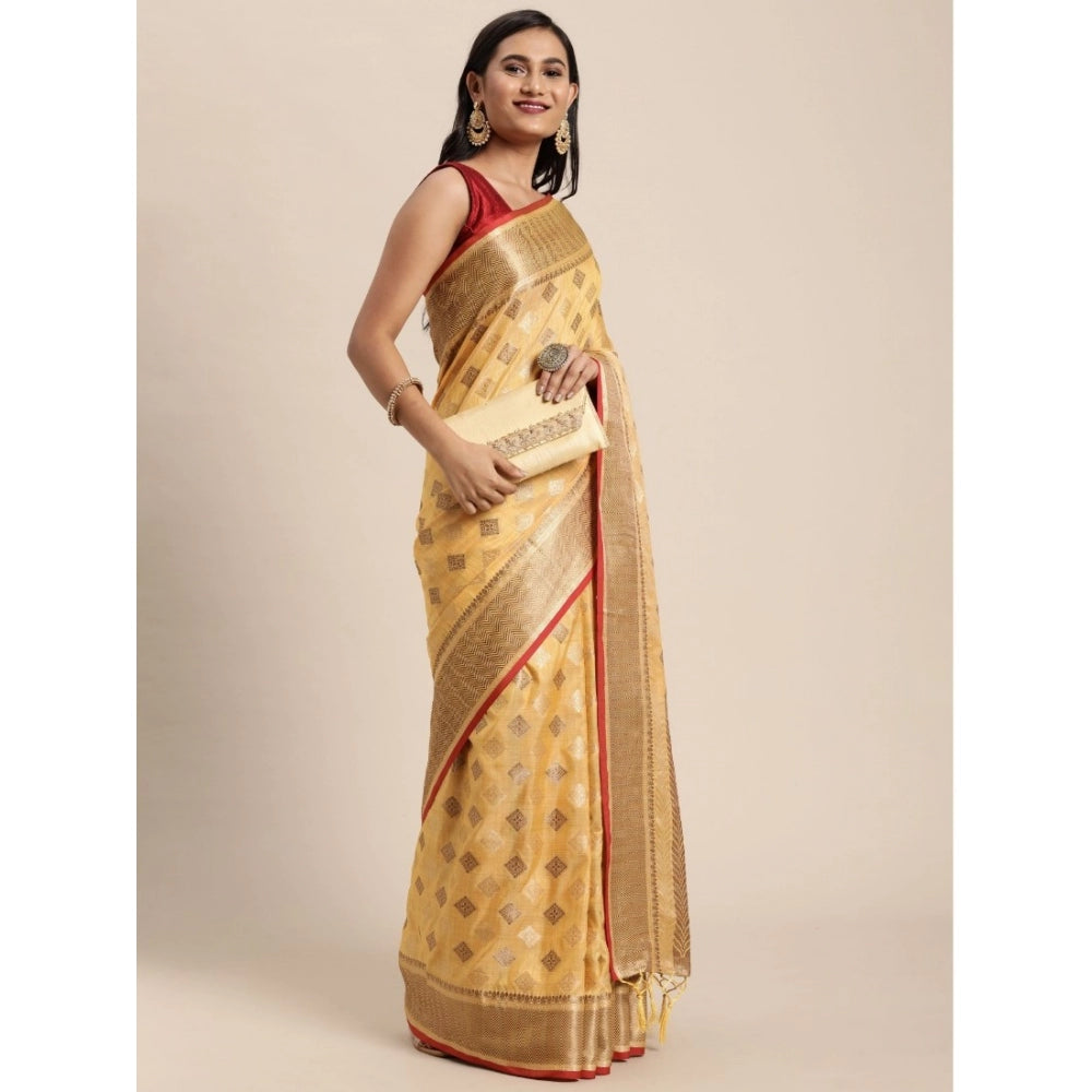 Clasymist Women's Chanderi Cotton Printed Saree With Unstitched Blouse (Yellow, 5-6 Mtrs)