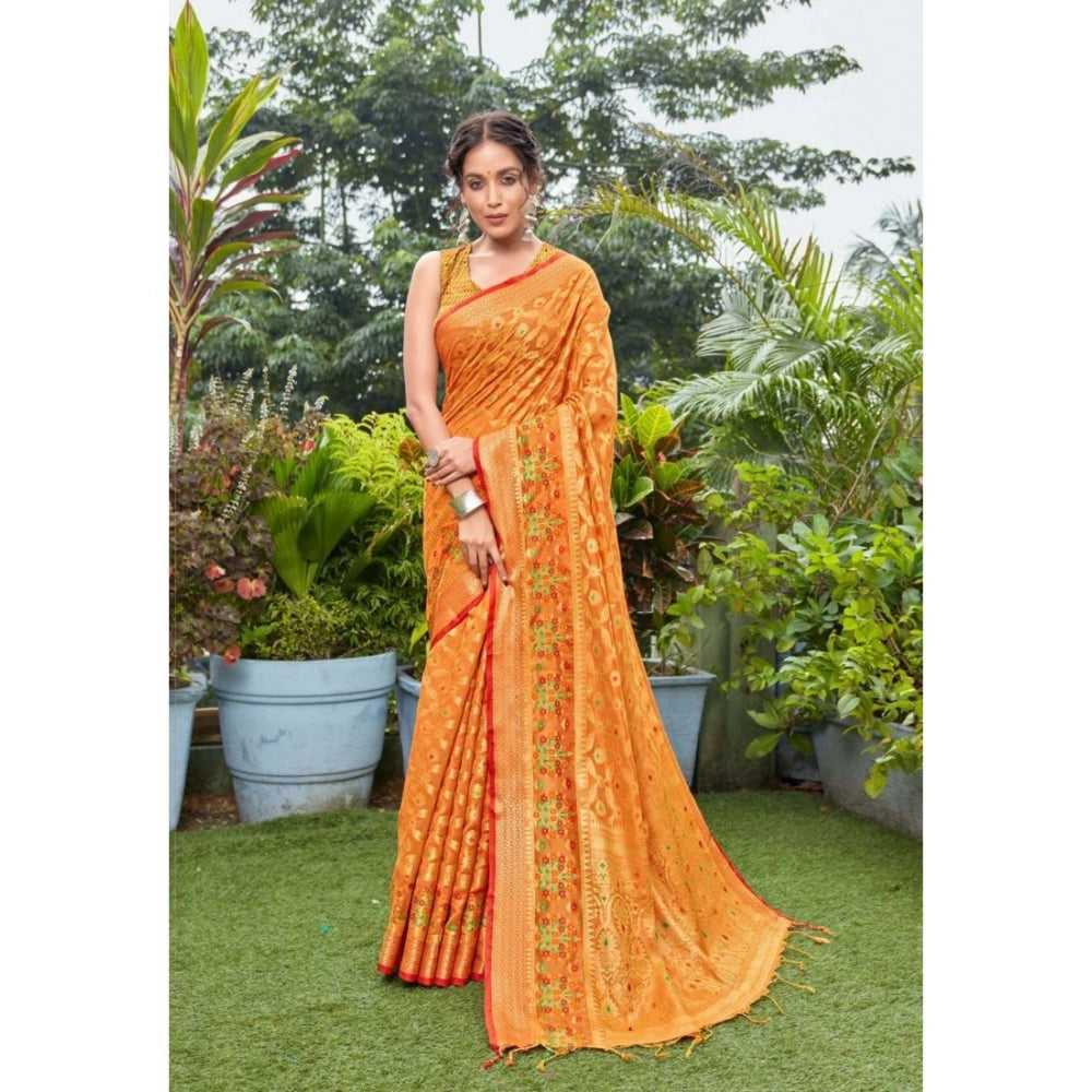 Clasymist Women's Organza Printed Saree With Unstitched Blouse (Orange, 5-6 Mtrs)