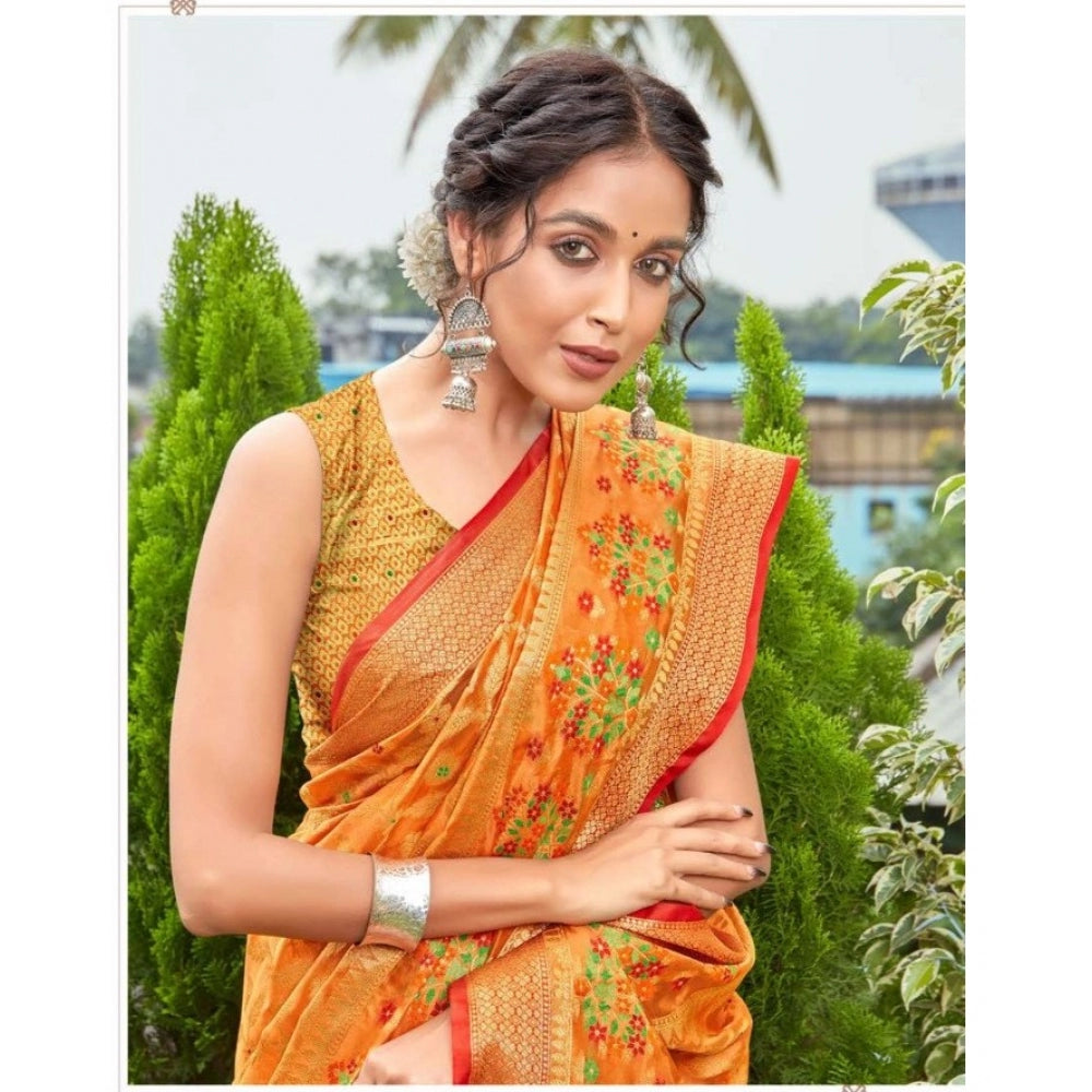 Clasymist Women's Organza Printed Saree With Unstitched Blouse (Orange, 5-6 Mtrs)