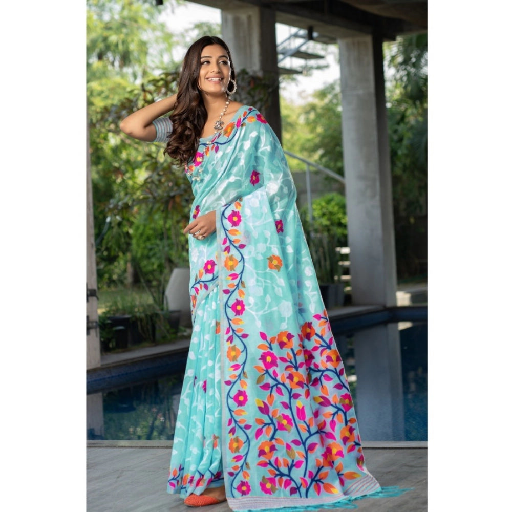 Clasymist Women's Cotton Printed Saree With Unstitched Blouse (Sky Blue, 5-6 Mtrs)