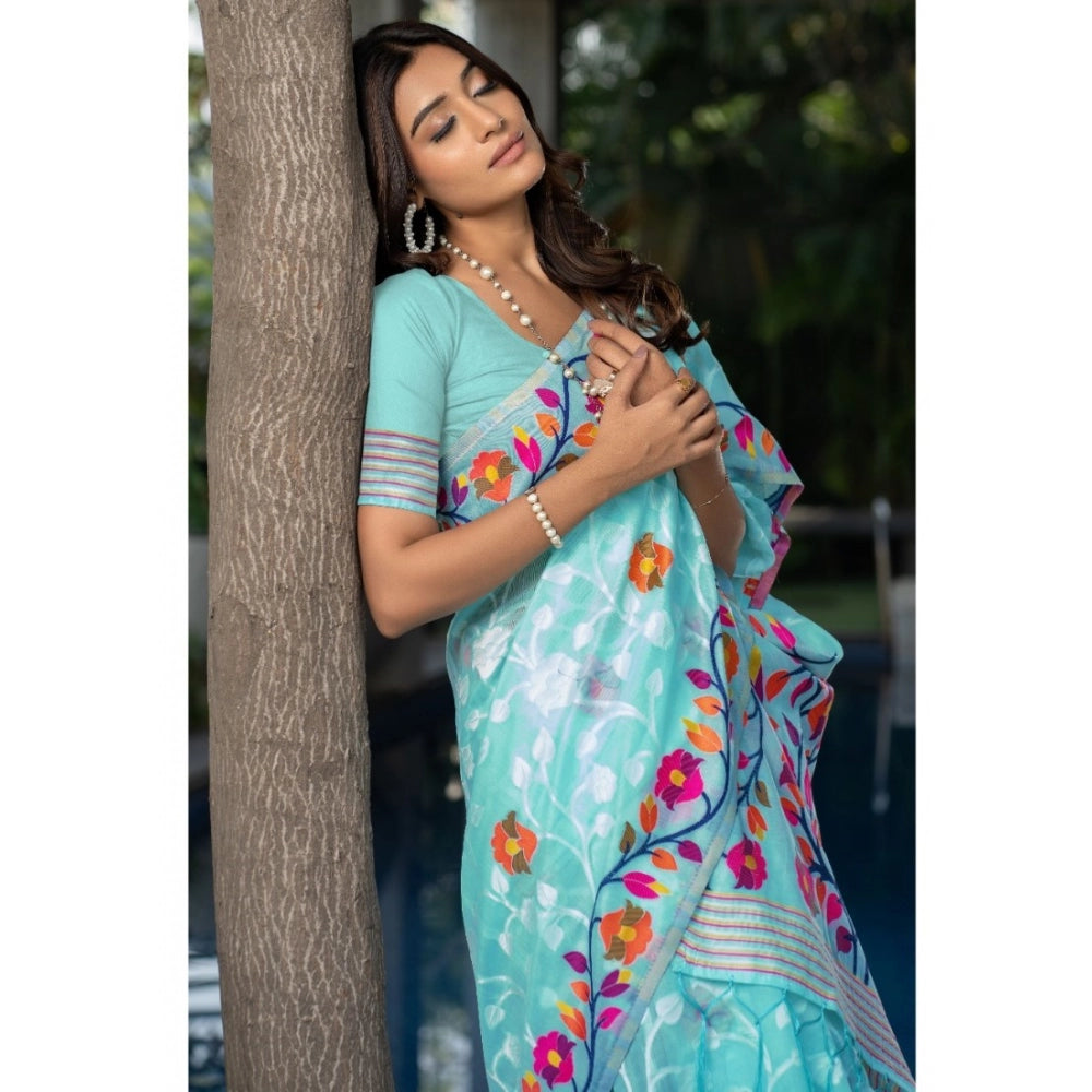 Clasymist Women's Cotton Printed Saree With Unstitched Blouse (Sky Blue, 5-6 Mtrs)