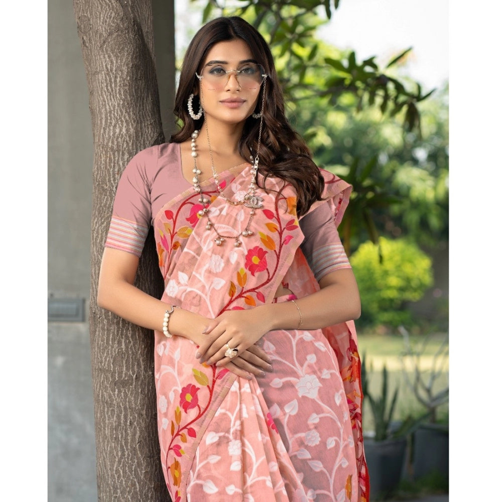 Clasymist Women's Cotton Printed Saree With Unstitched Blouse (Peach, 5-6 Mtrs)