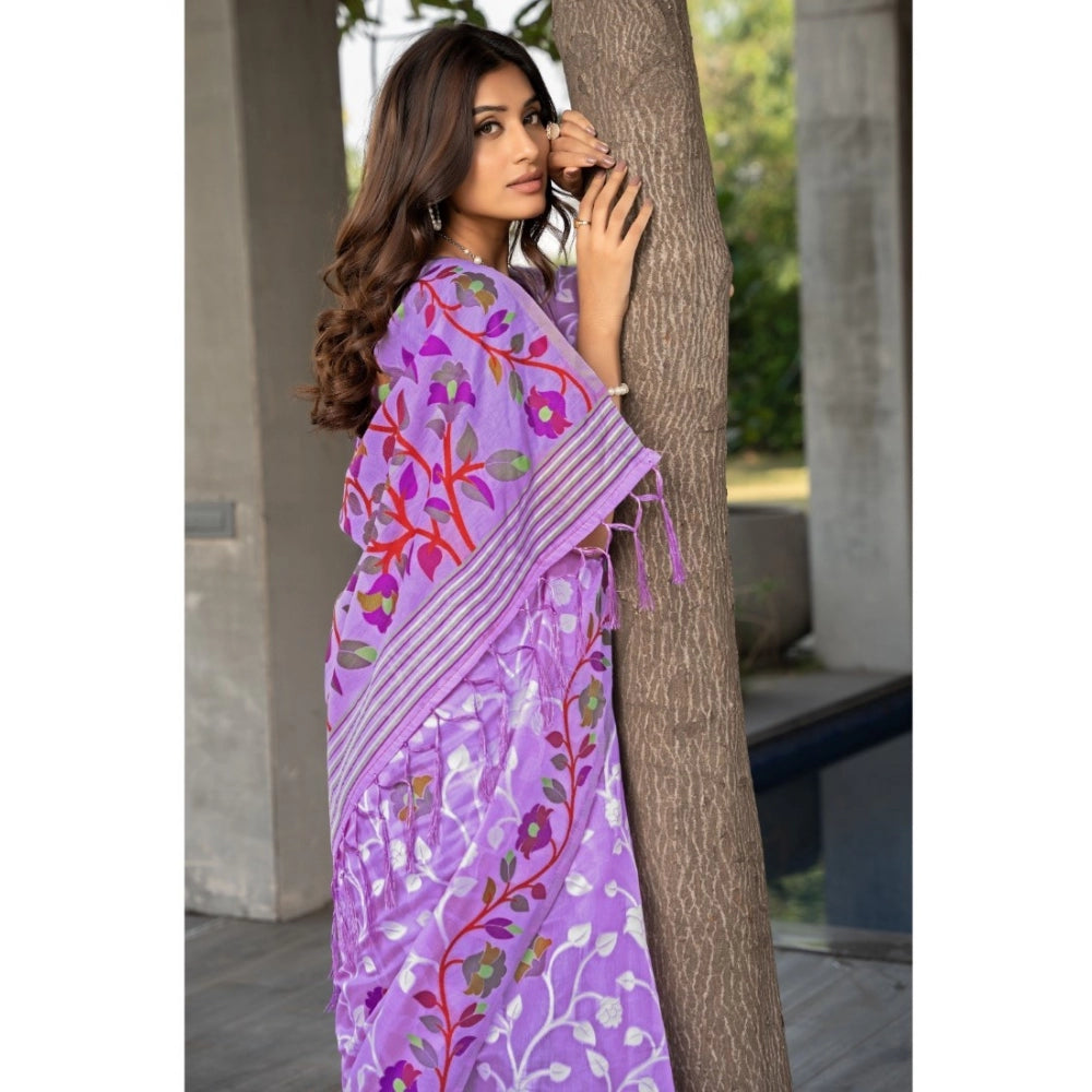 Clasymist Women's Cotton Printed Saree With Unstitched Blouse (Lavender, 5-6 Mtrs)