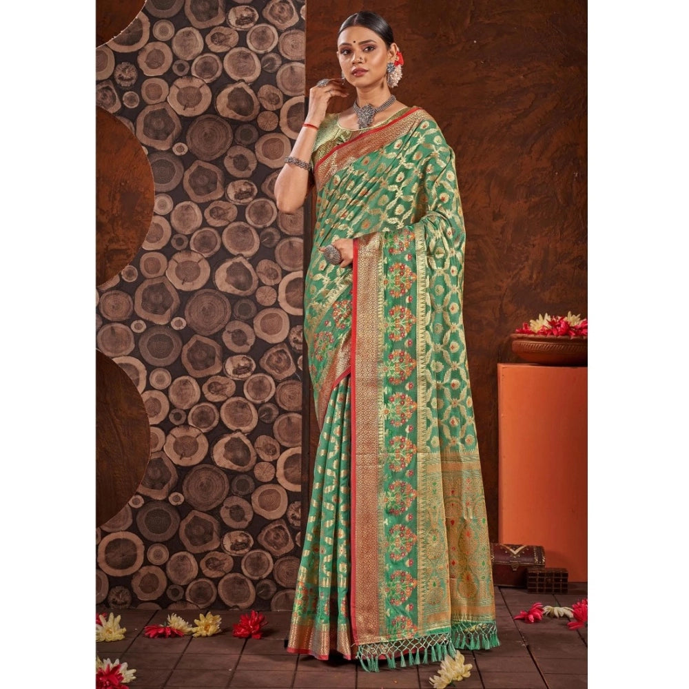 Clasymist Women's Organza Printed Saree With Unstitched Blouse (Sea Green, 5-6 Mtrs)