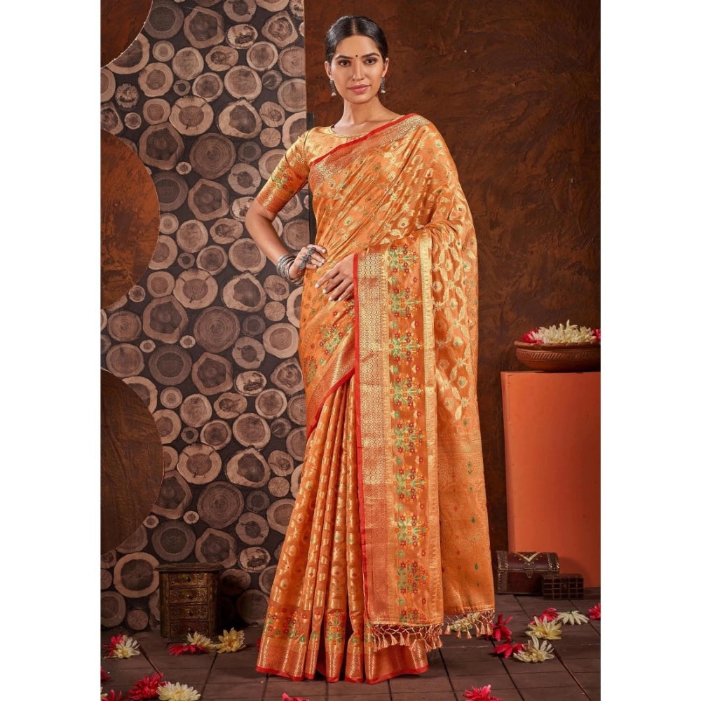 Clasymist Women's Organza Printed Saree With Unstitched Blouse (Orange, 5-6 Mtrs)