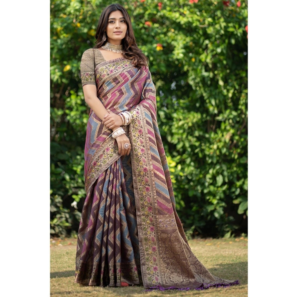 Clasymist Women's Organza Printed Saree With Unstitched Blouse (Wine, 5-6 Mtrs)