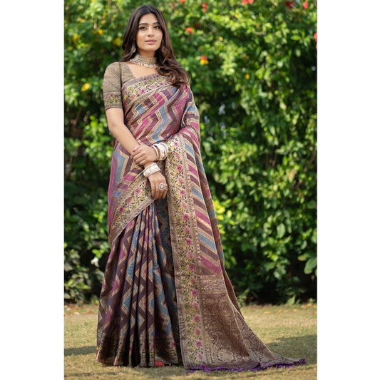 Clasymist Women's Organza Printed Saree With Unstitched Blouse (Wine, 5-6 Mtrs)