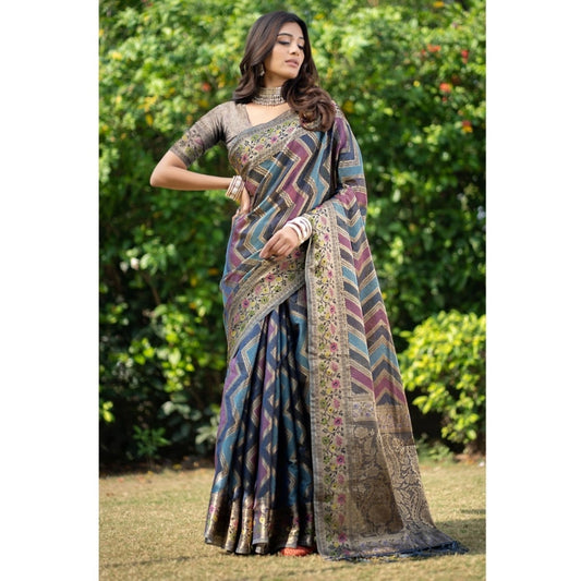 Clasymist Women's Organza Printed Saree With Unstitched Blouse (Teal, 5-6 Mtrs)