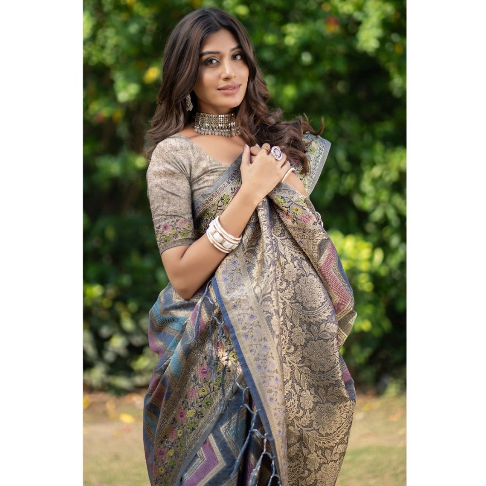 Clasymist Women's Organza Printed Saree With Unstitched Blouse (Teal, 5-6 Mtrs)