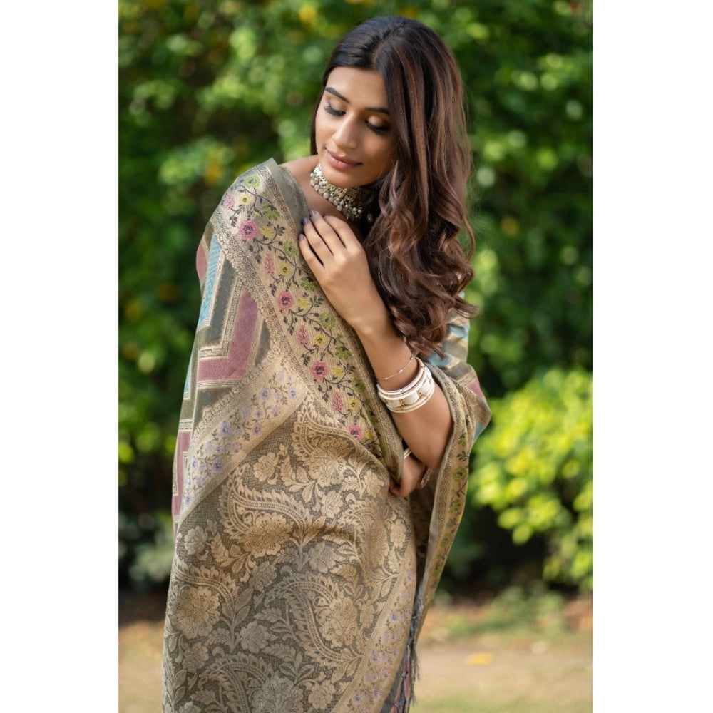 Clasymist Women's Organza Printed Saree With Unstitched Blouse (Grey, 5-6 Mtrs)