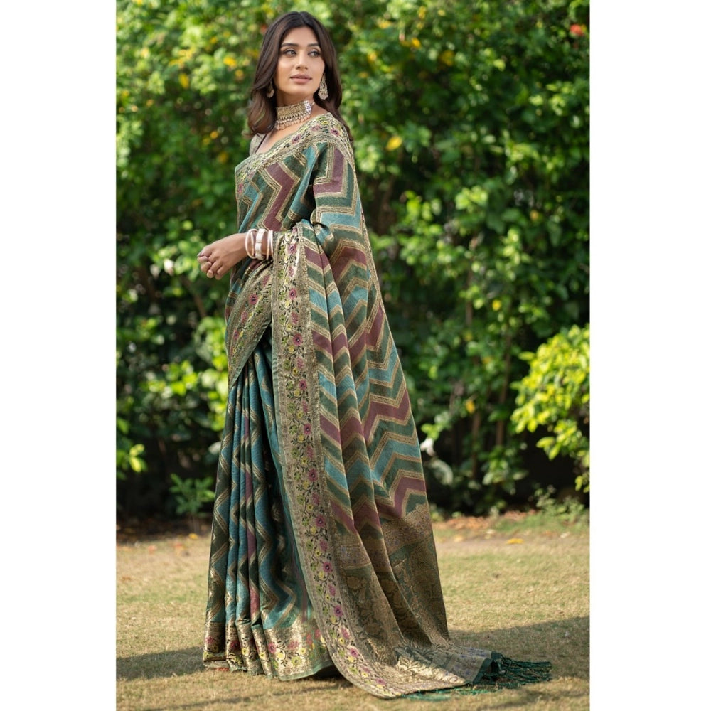 Clasymist Women's Organza Printed Saree With Unstitched Blouse (Green, 5-6 Mtrs)