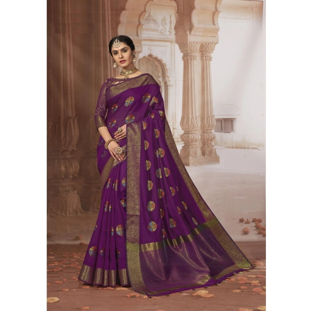 Clasymist Women's Chanderi Cotton Printed Saree With Unstitched Blouse (Purple, 5-6 Mtrs)