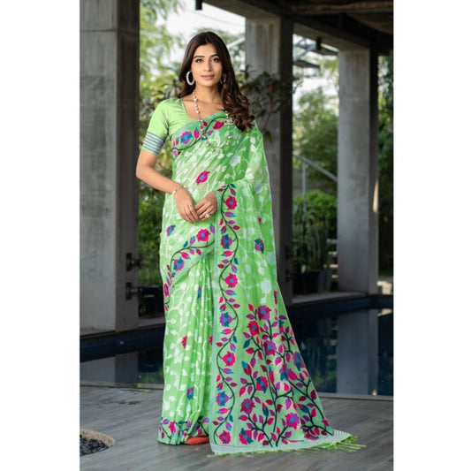 Clasymist Women's Cotton Printed Saree With Unstitched Blouse (Green, 5-6 Mtrs)