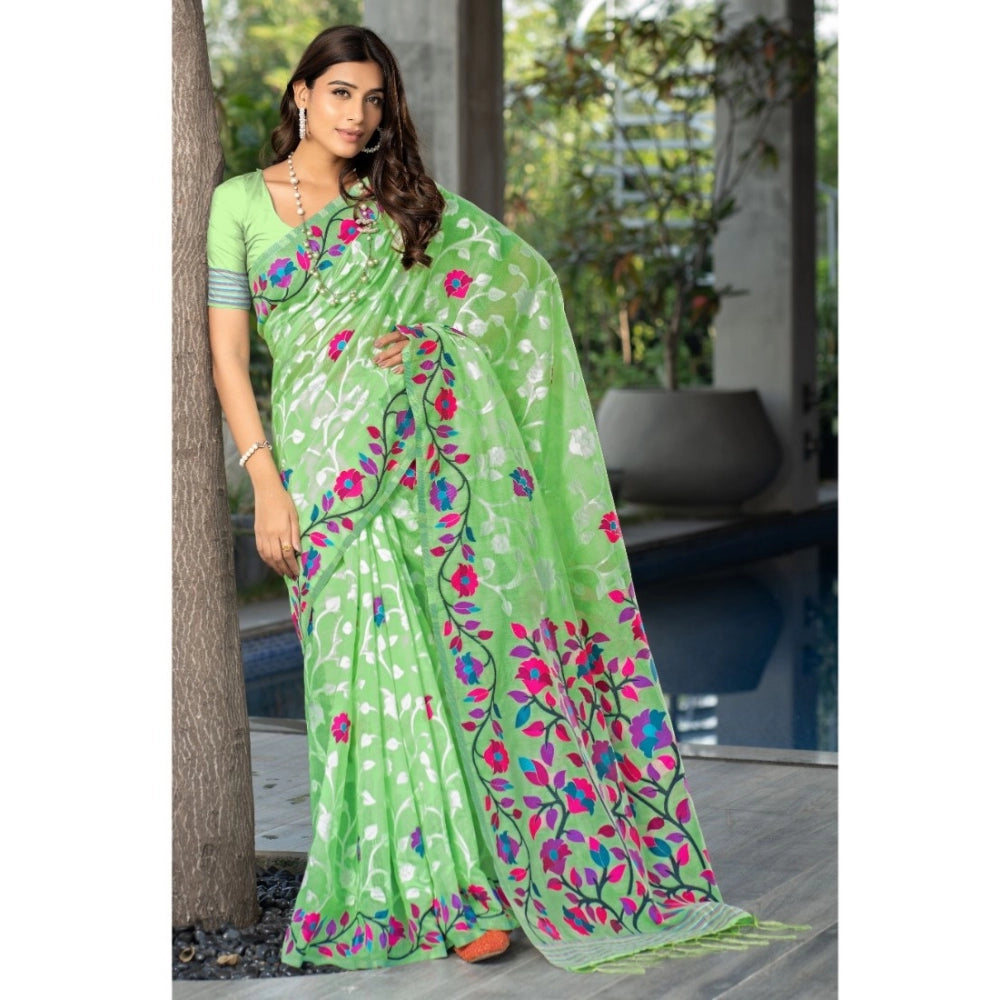 Clasymist Women's Cotton Printed Saree With Unstitched Blouse (Green, 5-6 Mtrs)