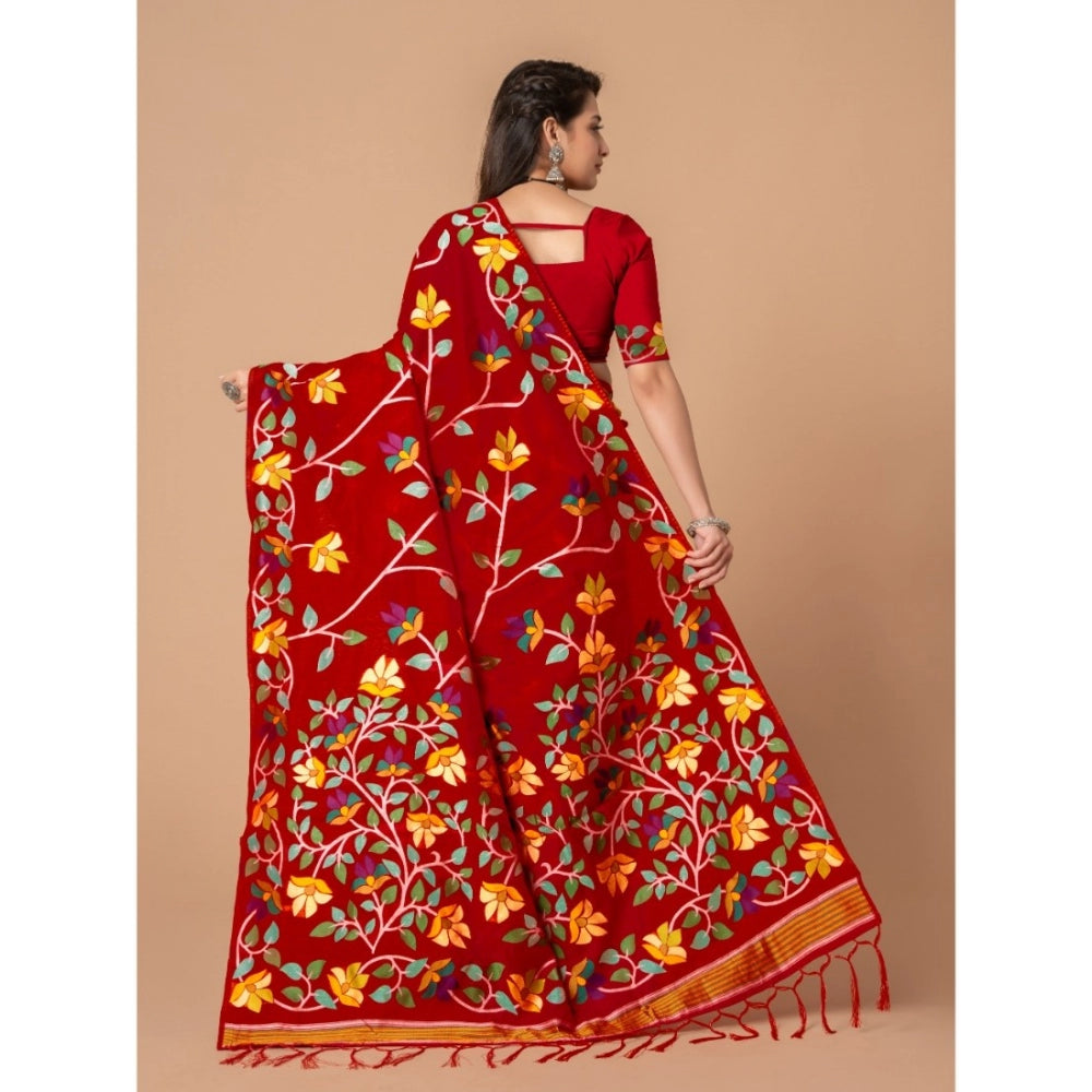 Clasymist Women's Cotton Printed Saree With Unstitched Blouse (Red, 5-6 Mtrs)