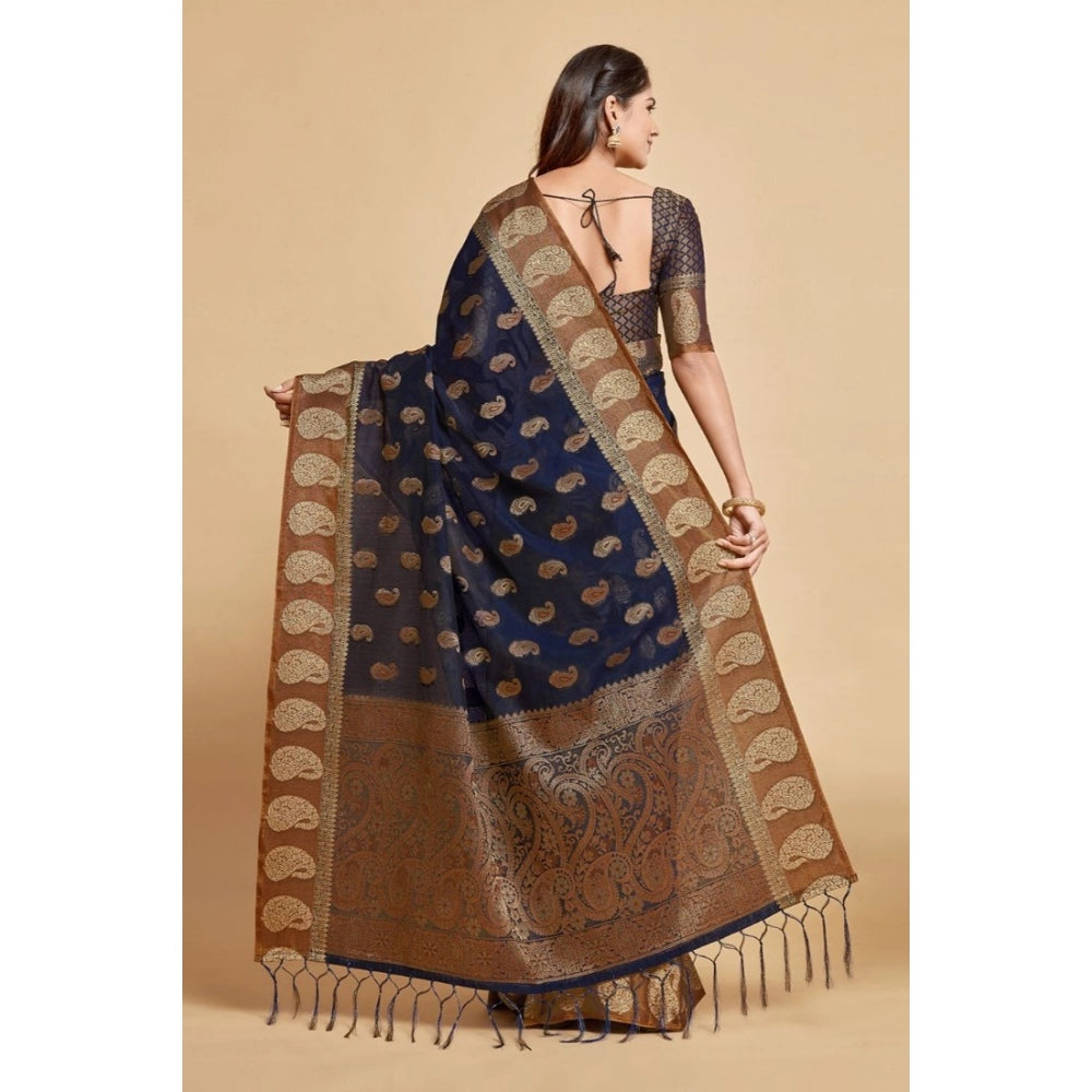 Clasymist Women's Chanderi Cotton Printed Saree With Unstitched Blouse (Navy Blue, 5-6 Mtrs)