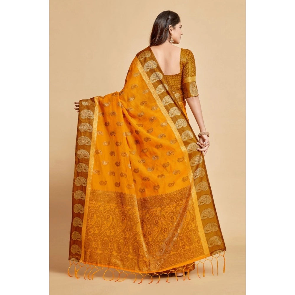 Clasymist Women's Chanderi Cotton Printed Saree With Unstitched Blouse (Mustard, 5-6 Mtrs)