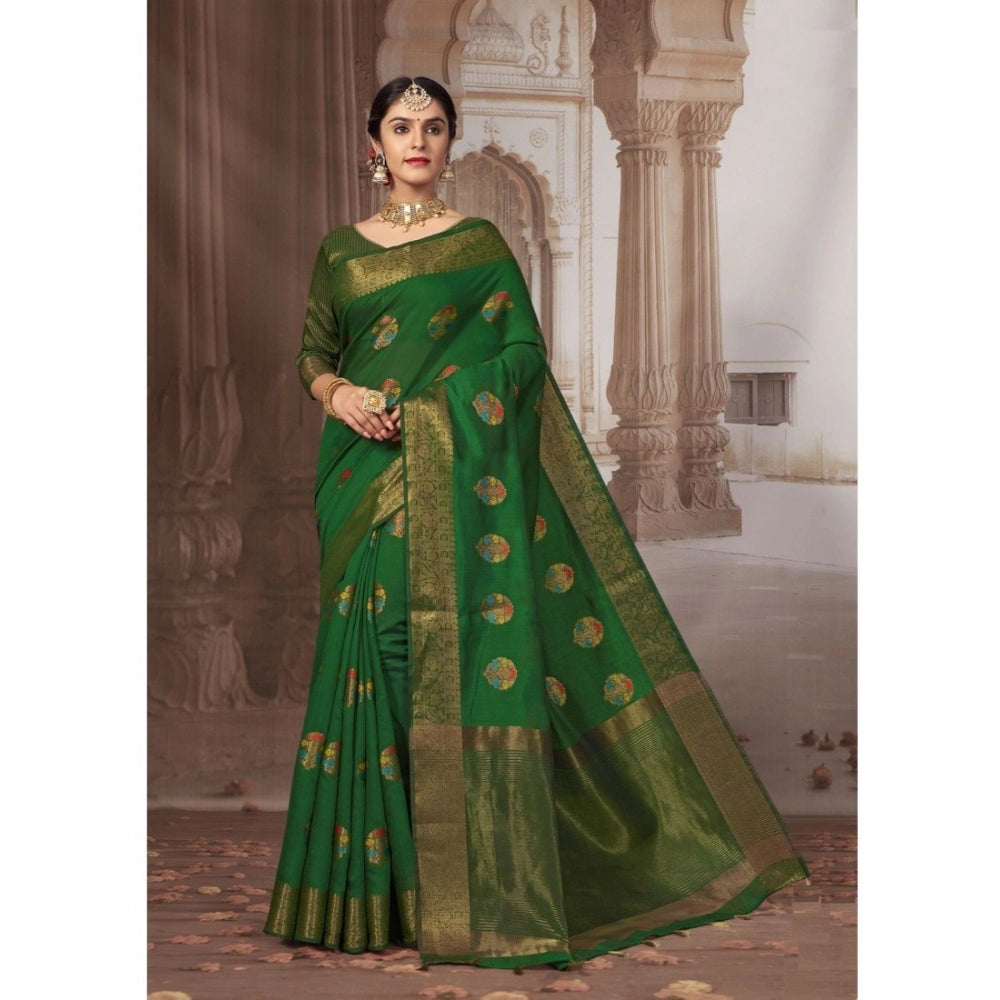 Clasymist Women's Linen Printed Saree With Unstitched Blouse (Dark Green, 5-6 Mtrs)