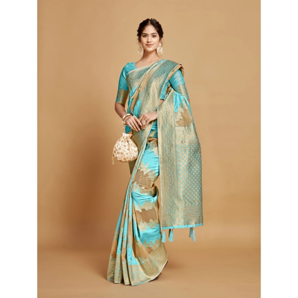 Clasymist Women's Linen Printed Saree With Unstitched Blouse (Sky Blue, 5-6 Mtrs)