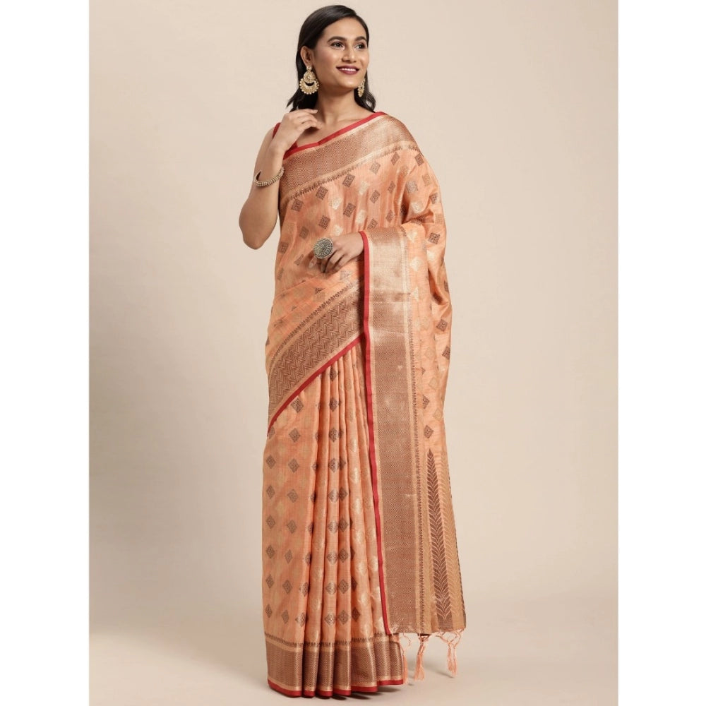 Clasymist Women's Chanderi Cotton Printed Saree With Unstitched Blouse (Orange, 5-6 Mtrs)