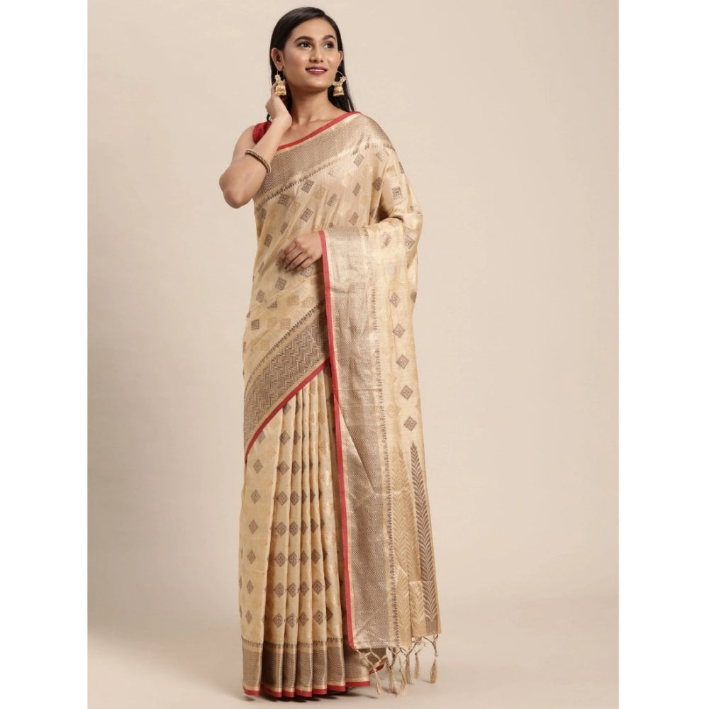 Clasymist Women's Chanderi Cotton Printed Saree With Unstitched Blouse (Beige, 5-6 Mtrs)