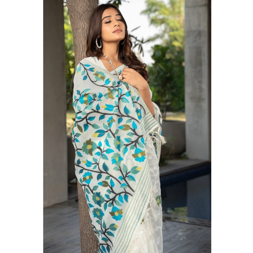 Clasymist Women's Cotton Printed Saree With Unstitched Blouse (White, 5-6 Mtrs)