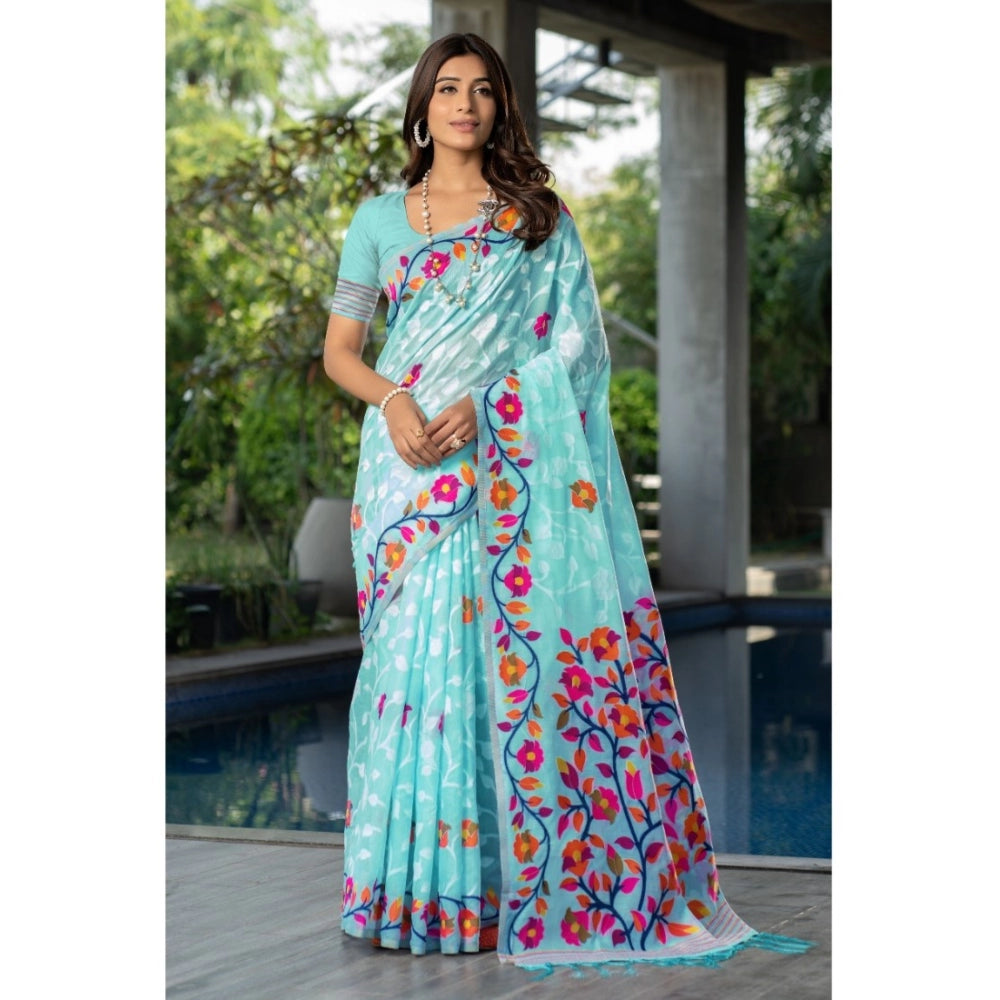 Clasymist Women's Cotton Printed Saree With Unstitched Blouse (Sky Blue, 5-6 Mtrs)