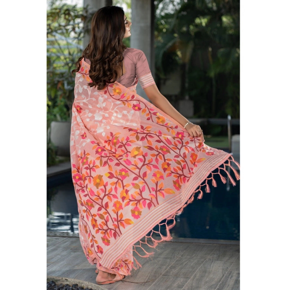 Clasymist Women's Cotton Printed Saree With Unstitched Blouse (Peach, 5-6 Mtrs)