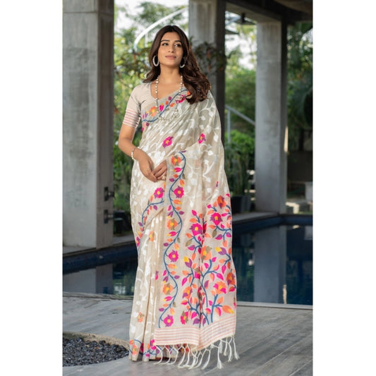 Clasymist Women's Cotton Printed Saree With Unstitched Blouse (Off-White, 5-6 Mtrs)