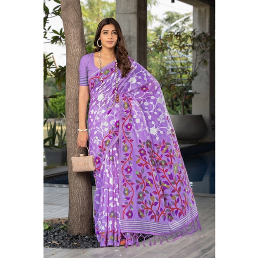 Clasymist Women's Cotton Printed Saree With Unstitched Blouse (Lavender, 5-6 Mtrs)